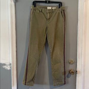 Anthropologie Olive Straight Leg Pants with Red Stripe